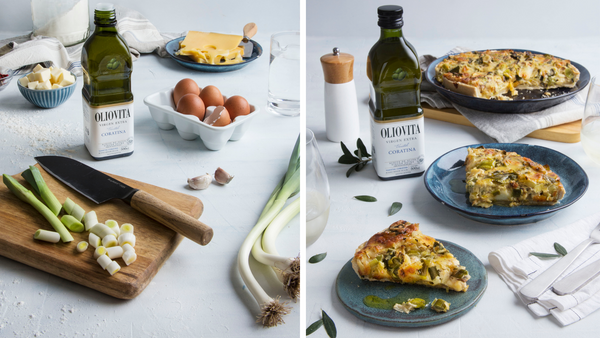 Tarta rustica con masa de oliva de puerros  y gruyere