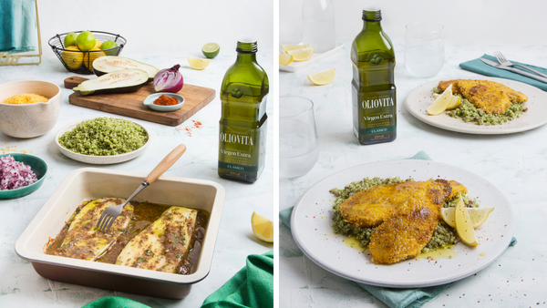 Milanesa de berenjena crocante con arroz de brócoli