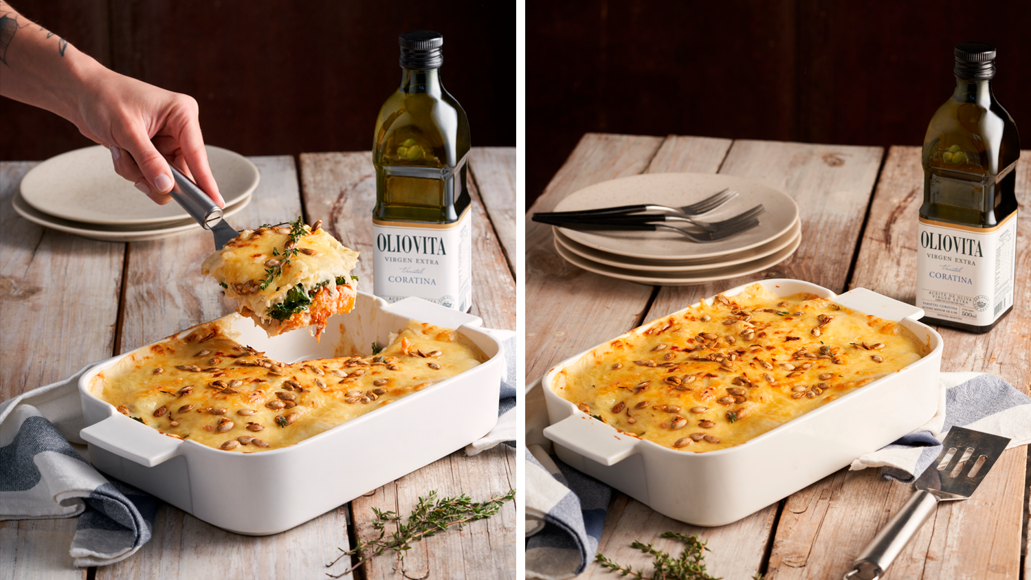 Lasagna vegetariana de calabaza y kale con aceite de oliva