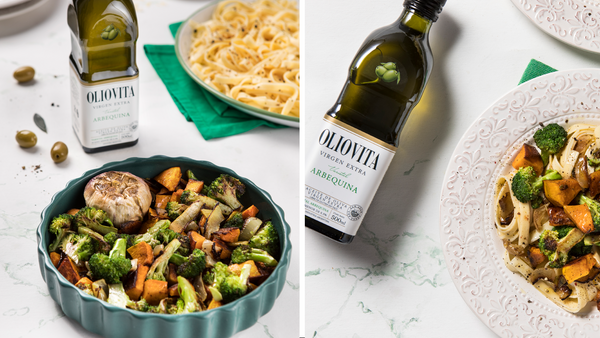 Papardelle con calabaza asada, brócoli asado, cebollas asadas y parmesano