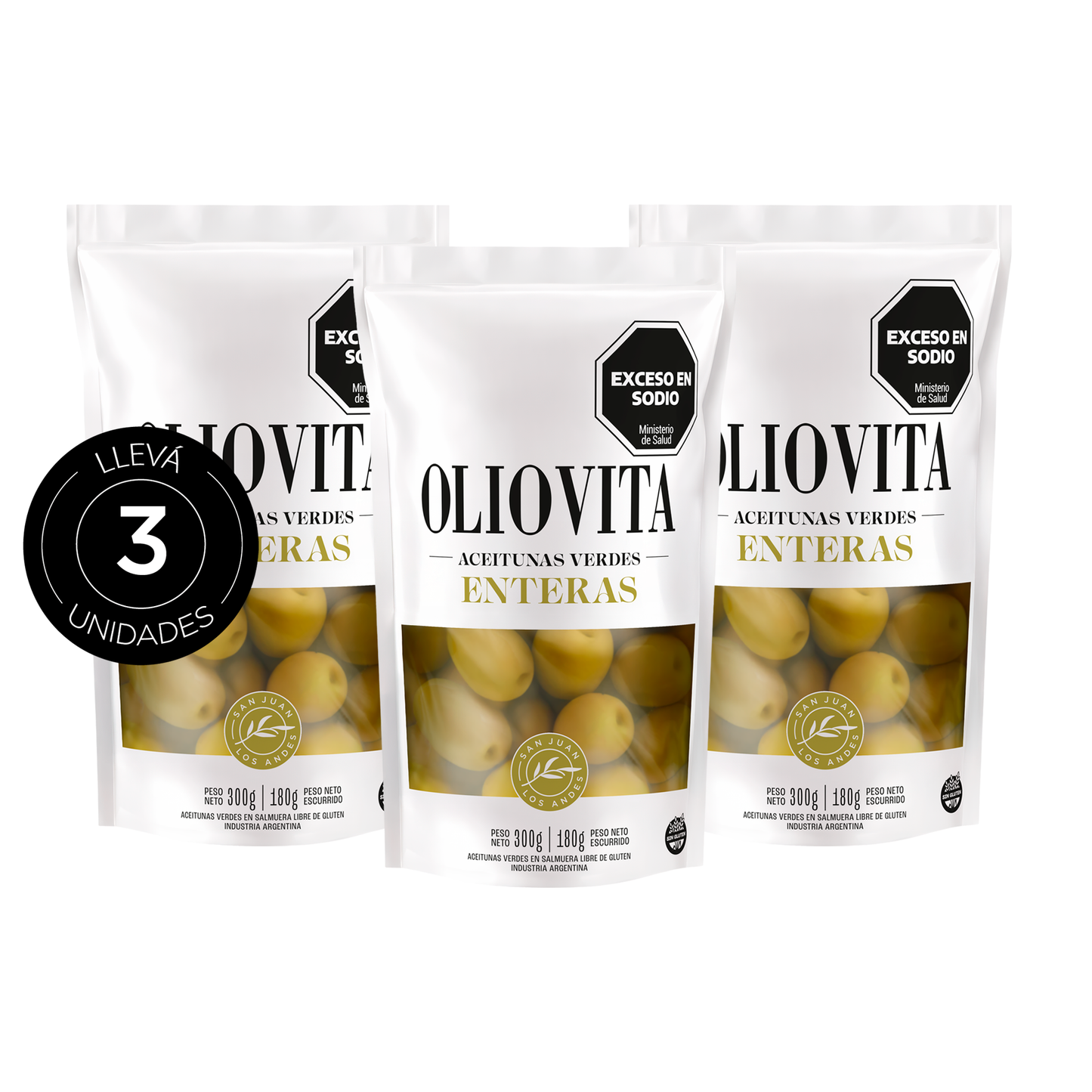 Aceitunas Oliovita entreras Verdes Sin gluten doy pack 300gr x3